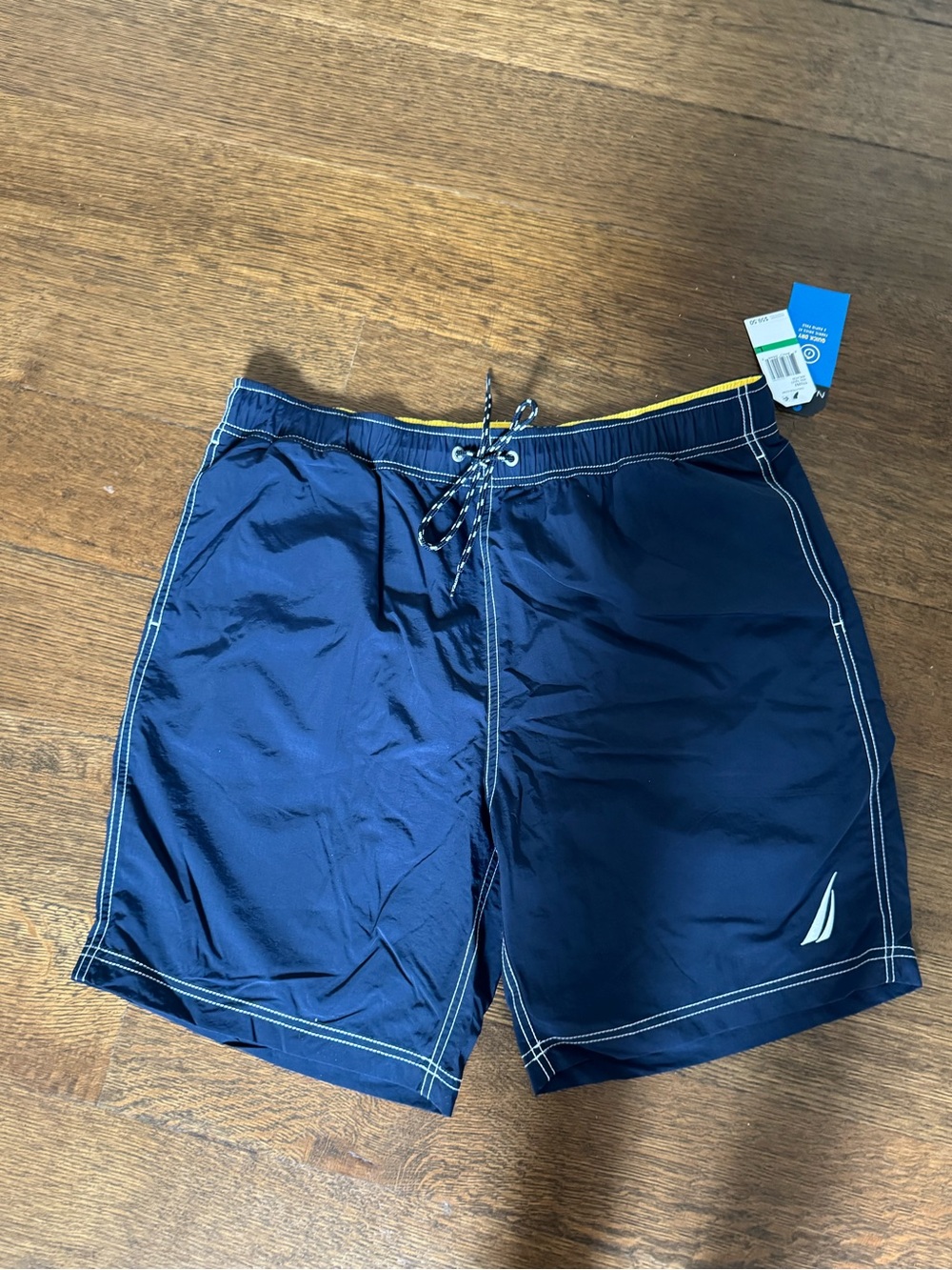 Nautica Men’s Navy Blue Swim Trunks with Yellow Waist Trim